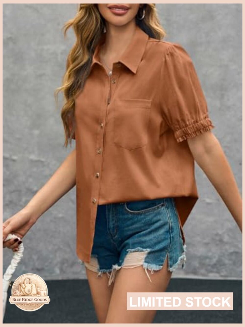 Puff Short Sleeve Button Down Shirt Casual Collared V Neck Linen Loose Fit - Picture 5 of 7